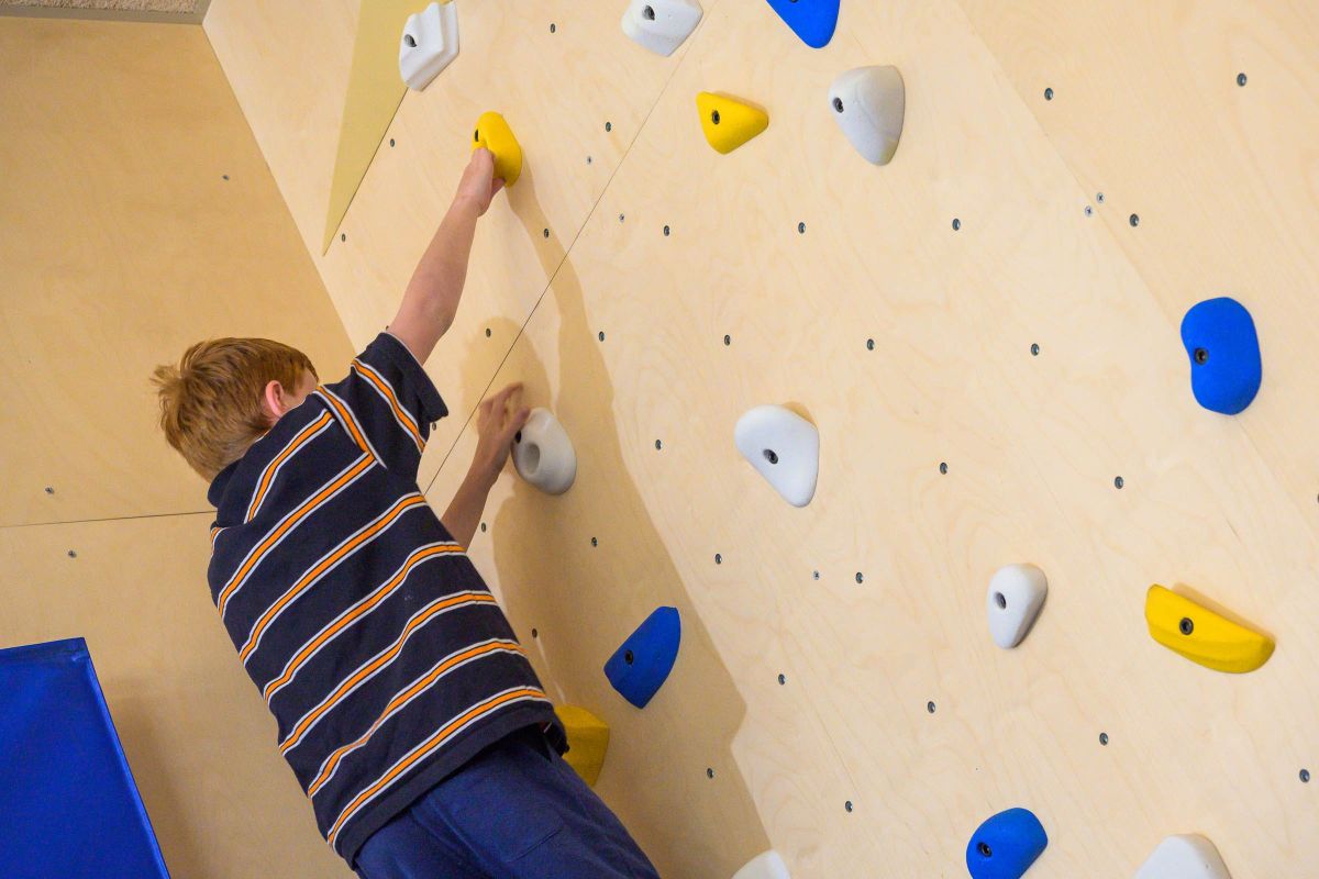 Student using the rockclimbing wall at Aspect Treetop School