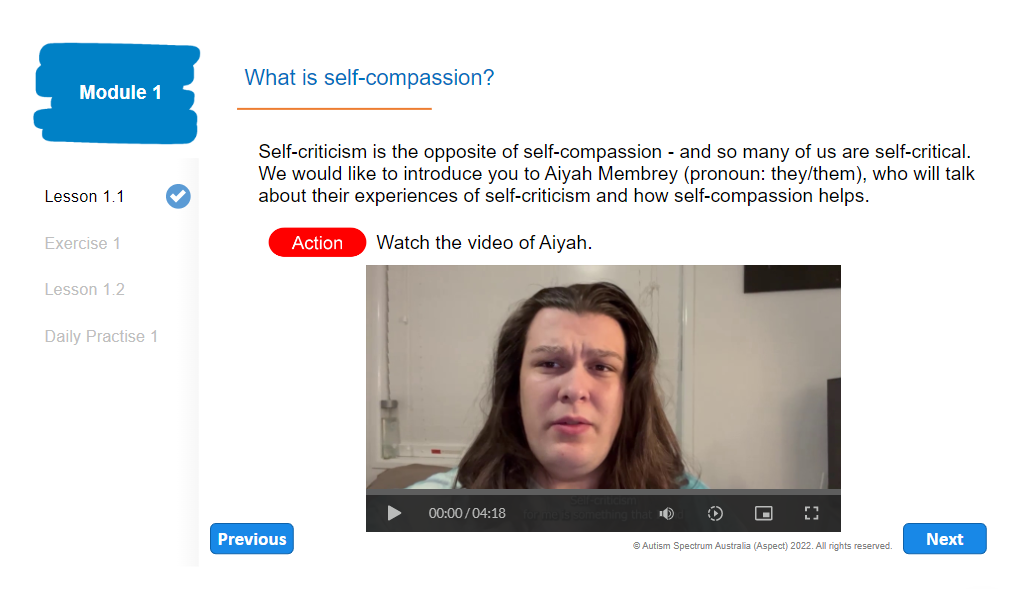 Screenshot of the Aspect Self-compassion Program for Autistic Adults